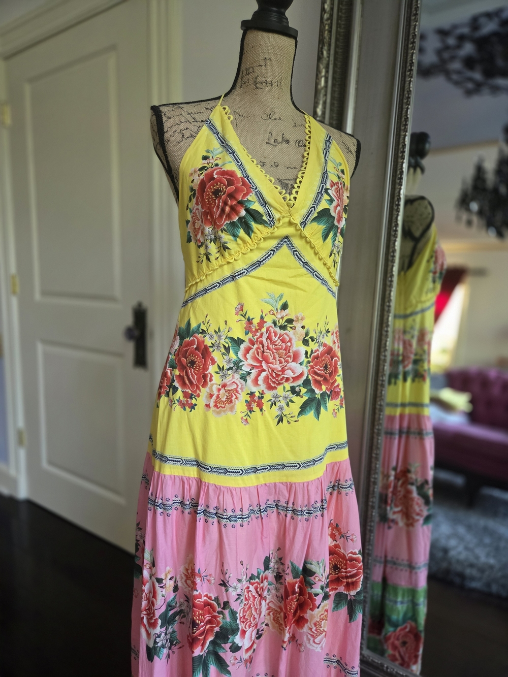FARM Rio Yellow, Pink & Green Floral Halter Maxi Dress M - Picture 2 of 14